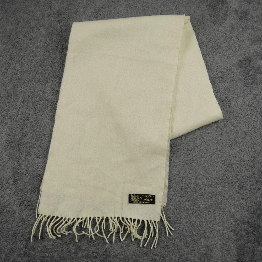 100% Cashmere Scarf Made in England Cream Off White Ivory Fringed Old Money